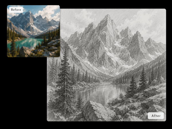 a side-by-side comparison shows a photo of a mountain lake transformed into a detailed pencil sketch